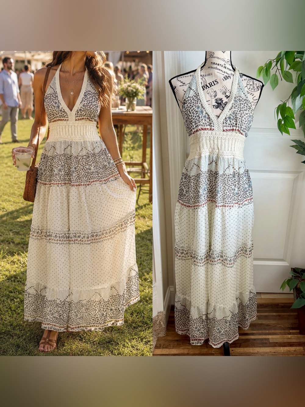 Mandee Y2K Boho Crochet Patchwork Floral Halter Maxi Dress White Sz L